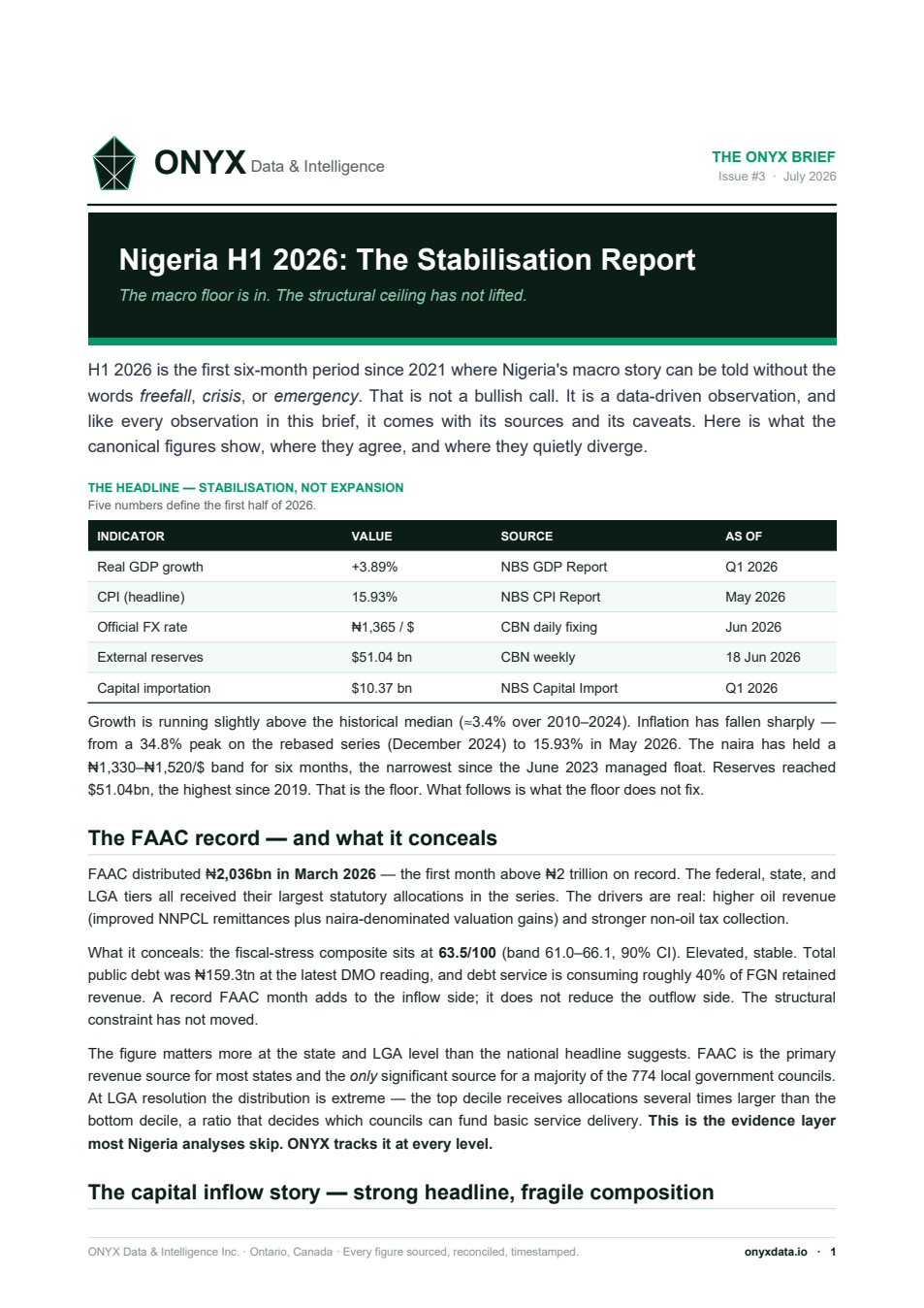 The ONYX Brief — Nigeria H1 2026 Stabilisation Report, page one